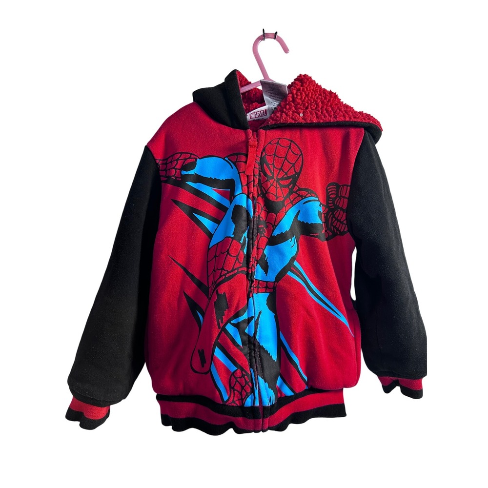 Marvel Spider-Man Hoodie Size 6 Red Black Sherpa Lined Zip Up Jacket Kids